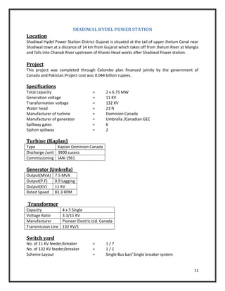 11
SHADIWAL HYDEL POWER STATION
Location
Shadiwal Hydel Power Station District Gujarat is situated at the tail of upper Jhelum Canal near
Shadiwal town at a distance of 14 km from Gujarat which takes off from Jhelum River at Mangla
and falls into Chanab River upstream of Khanki Head works after Shadiwal Power station.
Project
This project was completed through Colombo plan financed jointly by the government of
Canada and Pakistan.Project cost was 0.044 billion rupees.
Specifications
Total capacity = 2 x 6.75 MW
Generation voltage = 11 KV
Transformation voltage = 132 KV
Water head = 23 ft
Manufacturer of turbine = Dominion Canada
Manufacturer of generator = Umbrella /Canadian GEC
Spillway gates = 6
Siphon spillway = 2
Turbine (Kaplan)
Type Kaplan Dominion Canada
Discharge /unit 3900 cusecs
Commissioning JAN-1961
Generator (Umbrella)
Output(MVA) 7.5 MVA
Output(P.F) 0.9 Lagging
Output(KV) 11 KV
Rated Speed 83.3 RPM
Transformer
Capacity 4 x 5 Single
Voltage Ratio 3.3/11 KV
Manufacturer Pioneer Electric Ltd. Canada
Transmission Line 132 KV/1
Switch yard
No. of 11 KV feeder/breaker = 1 / 7
No. of 132 KV feeder/breaker = 1 / 1
Scheme Layout = Single Bus bar/ Single breaker system
 
