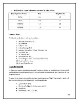64
 Weight of the enameled copper wire used in H.T winding:
Capacity of transformer Size Weight in KG
25KVA 0.6 25
50KVA 0.8 35
100KVA 1.1 55
200KVA 1.5 80
Sample Tests
The Quality up Gradation tests performed are:
1. Windings Resistance Test
2. No Load Test
3. Full Load Test
4. Induced Voltage Test
5. Separate Source Over Voltage Withstand Test
6. Turn Ratio Test
7. Air Pressure Test
8. Bird Protection Test
9. Tin Coating and other Allied Test on Connector
10. Visual and Dimensional
11. Oil test of transformer
Transformer Oil
Transformer working totally depends upon insulation. Mineral oil is used as the transformer oil
which helps dissipate heat and protects the transformer from moisture, which will float on the
surface of the oil.
This workshop has a separate oil section and is working successfully in improving the quality of
transformer oil by processing it through the following tanks.
 Agitator Tank (6hr)
 Cleansing Tank (Neutralization using NaOH)
 Filter Press
 Decantation Tank (12-13hr)
 