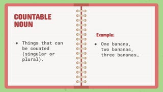 COUNTABLE
NOUN
● Things that can
be counted
(singular or
plural).
Example:
● One banana,
two bananas,
three bananas…