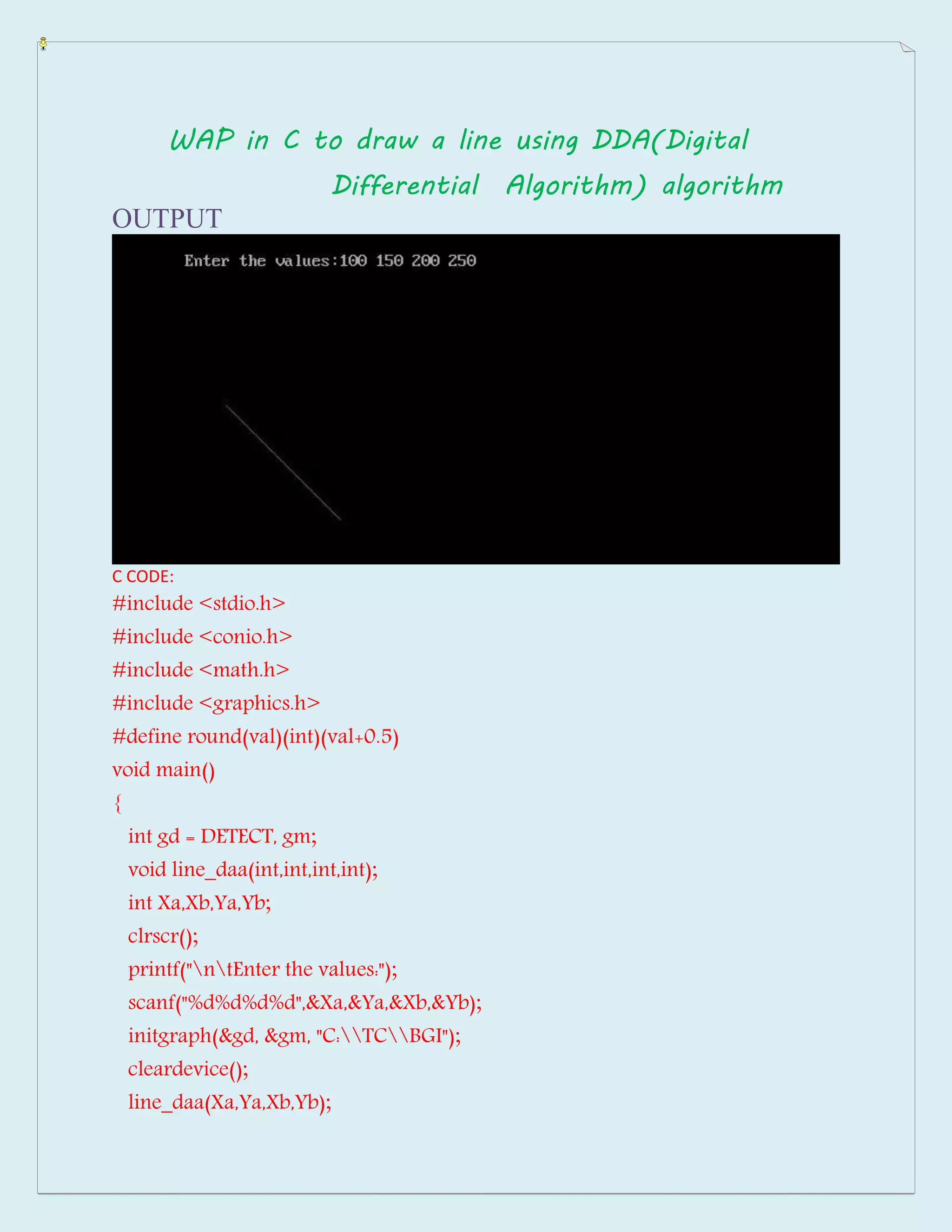 Wap in c to draw a line using DDA algorithm | PDF