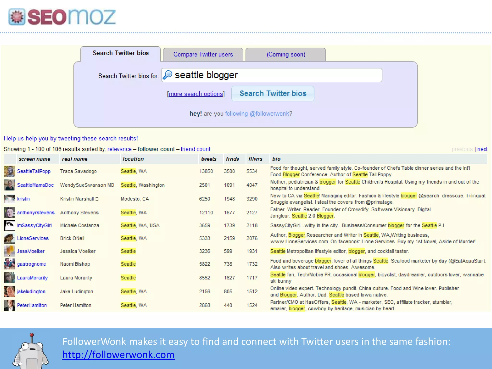FollowerWonk makes it easy to find and connect with Twitter users in the same fashion: http://followerwonk.com