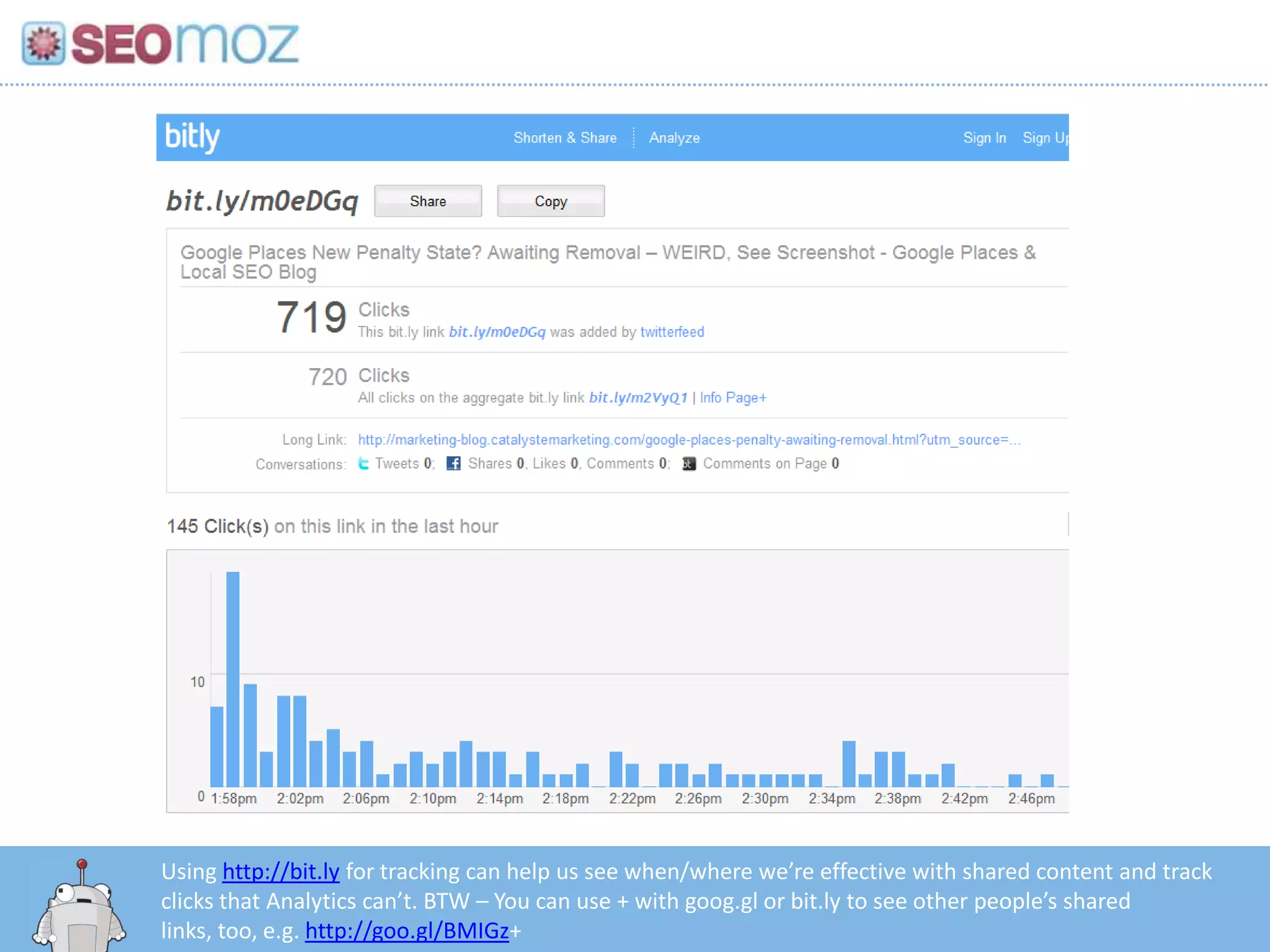Using http://bit.ly for tracking can help us see when/where we’re effective with shared content and track clicks that Analytics can’t. BTW – You can use + with goog.gl or bit.ly to see other people’s shared links, too, e.g. http://goo.gl/BMIGz+ 