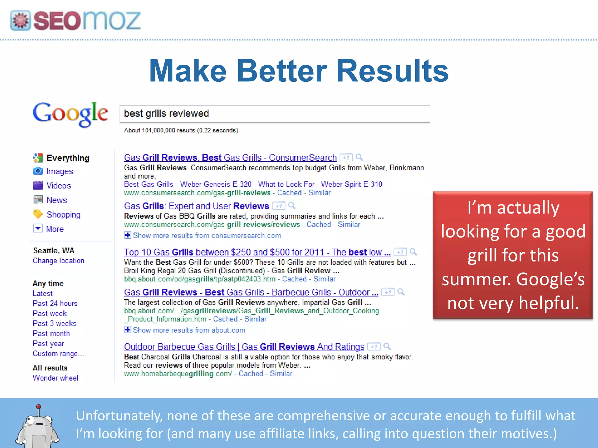 Make Better ResultsI’m actually looking for a good grill for this summer. Google’s not very helpful.Unfortunately, none of these are comprehensive or accurate enough to fulfill what I’m looking for (and many use affiliate links, calling into question their motives.)