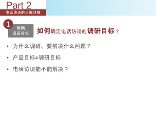 Part 2
电话访谈的步骤详解


1    明确
    调研目标   如何确定电话访谈的调研目标？

• 为什么调研、要解决什么问题？

• 产品目标≠调研目标

• 电话访谈能不能解决？
 