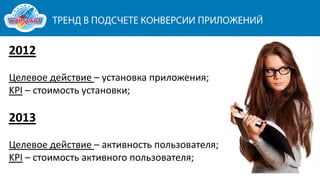 2012
Целевое действие – установка приложения;
KPI – стоимость установки;

2013
Целевое действие – активность пользователя;
KPI – стоимость активного пользователя;

 
