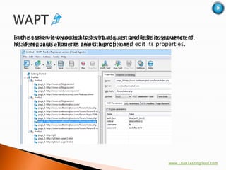 Each sessionview you can to a virtual user profile asitssequence of
In the same is recorded select a request and edit a parameters,
HTTP requests.elements select a profile and edit its properties.
headers, page You can and other options.




                                                         www.LoadTestingTool.com
 
