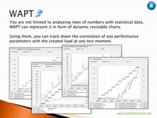You are not limited to analyzing rows of numbers with statistical data.
WAPT can represent it in form of dynamic resizable charts.

Using them, you can track down the correlation of any performance
parameters with the created load at any test moment.




                                                        www.LoadTestingTool.com
 