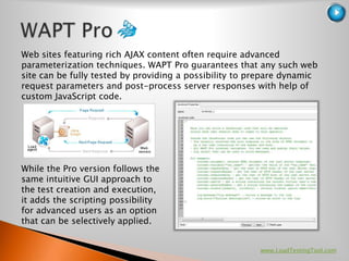 Web sites featuring rich AJAX content often require advanced
parameterization techniques. WAPT Pro guarantees that any such web
site can be fully tested by providing a possibility to prepare dynamic
request parameters and post-process server responses with help of
custom JavaScript code.




While the Pro version follows the
same intuitive GUI approach to
the test creation and execution,
it adds the scripting possibility
for advanced users as an option
that can be selectively applied.


                                                        www.LoadTestingTool.com
 