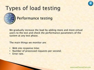 Performance testing


We gradually increase the load by adding more and more virtual
users to the test and check the performance parameters of the
system at any test phase.

The main things we monitor are:

• Web site response time;
• Number of processed requests per second;
• Error rate.




                                                   www.LoadTestingTool.com
 