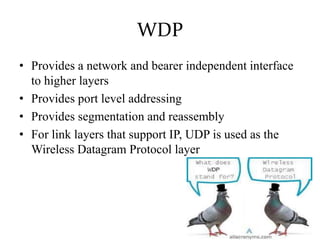 WDP
• Provides a network and bearer independent interface
to higher layers
• Provides port level addressing
• Provides segmentation and reassembly
• For link layers that support IP, UDP is used as the
Wireless Datagram Protocol layer
 