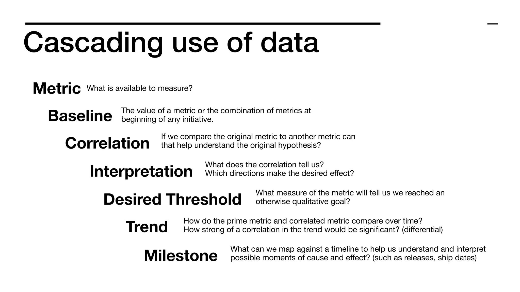 Cascading use of data
Metric What is available to measure?
Correlation
If we compare the original metric to another metric can
that help understand the original hypothesis?
Interpretation
What does the correlation tell us?

Which directions make the desired eﬀect?
Desired Threshold
What measure of the metric will tell us we reached an
otherwise qualitative goal?
Trend
How do the prime metric and correlated metric compare over time? 

How strong of a correlation in the trend would be signiﬁcant? (diﬀerential)
Milestone
What can we map against a timeline to help us understand and interpret
possible moments of cause and eﬀect? (such as releases, ship dates)
Baseline
The value of a metric or the combination of metrics at
beginning of any initiative.
 
