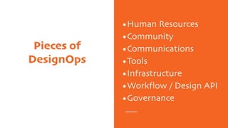 Pieces of
DesignOps
•Human Resources
•Community
•Communications
•Tools
•Infrastructure
•Workflow / Design API
•Governance
 