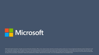 ©2013 Microsoft Corporation. All rights reserved. Microsoft, Windows, Office, Azure, System Center, Dynamics and other product names are or may be registered trademarks and/or trademarks in the
U.S. and/or other countries. The information herein is for informational purposes only and represents the current view of Microsoft Corporation as of the date of this presentation. Because Microsoft
must respond to changing market conditions, it should not be interpreted to be a commitment on the part of Microsoft, and Microsoft cannot guarantee the accuracy of any information provided after
the date of this presentation. MICROSOFT MAKES NO WARRANTIES, EXPRESS, IMPLIED OR STATUTORY, AS TO THE INFORMATION IN THIS PRESENTATION.
 