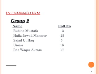 3
INTRODUCTION
GroupGroup 22
Name Roll No
Rubina Mustafa 3
Hafiz Jawad Mansoor 25
Sajad Ul Haq 5
Umair 16
Rao Waqar Akram 17
 