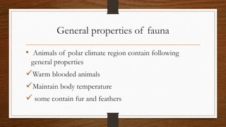 General properties of fauna
• Animals of polar climate region contain following
general properties
Warm blooded animals
Maintain body temperature
 some contain fur and feathers
 