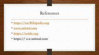 References
• https://en.Wikipedia.org
• www.oxford.com
• https://nside.org
• https:// a-z-animal.com
 