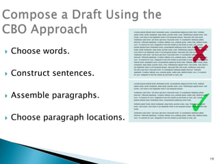 

Choose words.



Construct sentences.



Assemble paragraphs.



Choose paragraph locations.

19

 