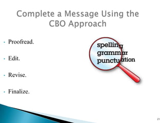 •

Proofread.

•

Edit.

•

Revise.

•

Finalize.

21

 