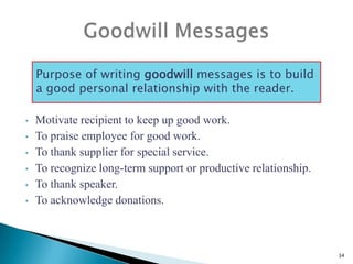 Purpose of writing goodwill messages is to build
a good personal relationship with the reader.
•
•

•
•
•
•

Motivate recipient to keep up good work.
To praise employee for good work.
To thank supplier for special service.
To recognize long-term support or productive relationship.
To thank speaker.
To acknowledge donations.

34

 