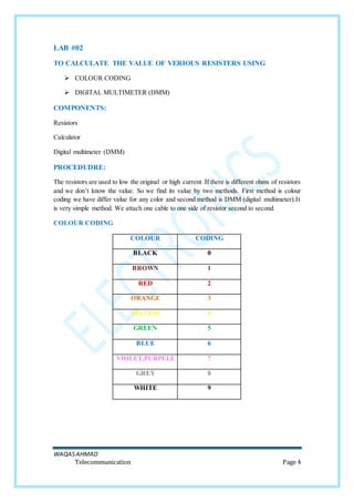 WAQASAHMAD
Telecommunication Page 4
LAB #02
TO CALCULATE THE VALUE OF VERIOUS RESISTERS USING
 COLOUR CODING
 DIGITAL MULTIMETER (DMM)
COMPONENTS:
Resistors
Calculator
Digital multimeter (DMM)
PROCEDUDRE:
The resistors are used to low the original or high current .If there is different ohms of resistors
and we don’t know the value. So we find its value by two methods. First method is colour
coding we have differ value for any color and second method is DMM (digital multimeter).It
is very simple method. We attach one cable to one side of resistor second to second.
COLOUR CODING
COLOUR CODING
BLACK 0
BROWN 1
RED 2
ORANGE 3
YELLOW 4
GREEN 5
BLUE 6
VIOLET,PURPULE 7
GREY 8
WHITE 9
 