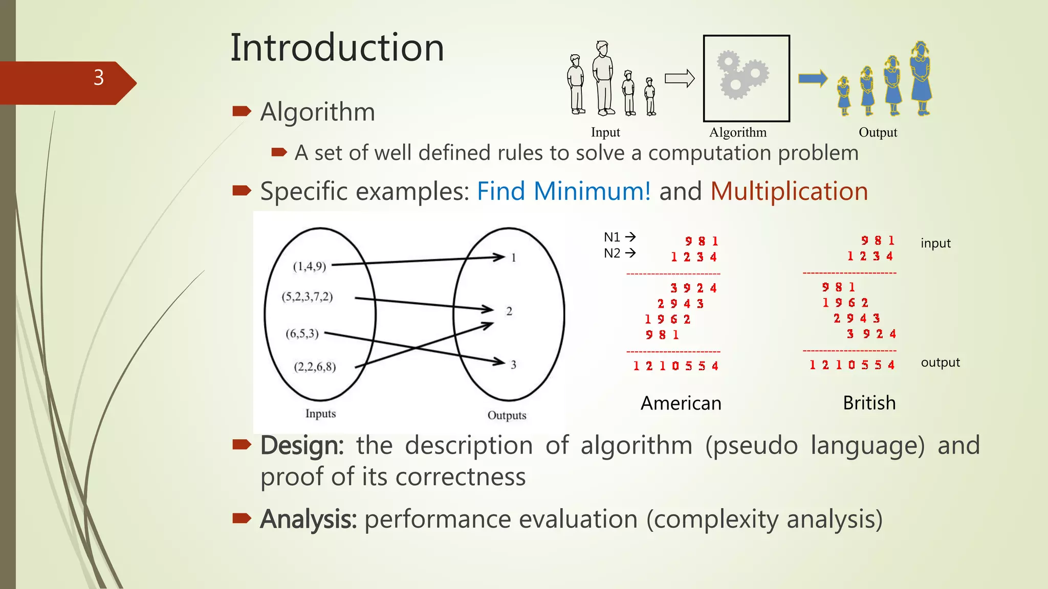 Introduction
 Algorithm
 A set of well defined rules to solve a computation problem
 Specific examples: Find Minimum! and Multiplication
 Design: the description of algorithm (pseudo language) and
proof of its correctness
 Analysis: performance evaluation (complexity analysis)
3
AlgorithmInput Output
American British
input
output
N1 
N2 
 