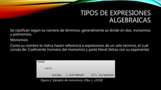 TIPOS DE EXPRESIONES
ALGEBRAICAS
Se clasifican según su número de términos; generalmente se divide en dos, monomios
y polinomios.
Monomios
Como su nombre lo indica hacen referencia a expresiones de un solo termino, el cual
consta de: Coeficiente (número del monomio) y parte literal (letras con su exponente)
Figura 2. Ejemplo de monomios. Elles, L. (2018)
 
