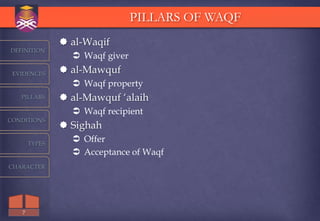 PILLARS OF WAQF
                al-Waqif
DEFINITION
                  Waqf giver
 EVIDENCES      al-Mawquf
                  Waqf property
   PILLARS      al-Mawquf „alaih
                  Waqf recipient
CONDITIONS
                Sighah
       TYPES
                  Offer
                  Acceptance of Waqf
CHARACTER




   7
 