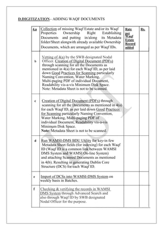 D.DIGITIZATION– ADDING WAQF DOCUMENTS
Vetting of 4(a) by the SWB designated Nodal
b Officer. Creation of Digital Document (PDFs)
through scanning for all the Documents as
mentioned in 4(a) for each Waqf ID, as per laid
down Good Practices for Scanning particularly
Naming Convention, Water Marking,
Multi-paging PDF of individual Document,
Readability vis-a-vis Minimum Disk Space.
Note: Metadata Sheet is not to be scanned.
c Creation of Digital Document (PDFs) through
scanning for all the Documents as mentioned in 4(a)
for each Waqf ID, as per laid down Good Practices
for Scanning particularly Naming Convention,
Water Marking, Multi-paging PDF of
individual Document, Readability vis-a-vis
Minimum Disk Space.
Note: Metadata Sheet is not to be scanned.
d Run WAMSI-DMS BDU Utility for key-in few
Metadata Sheet fields (for indexing) for each Waqf
ID (Waqf ID is a common link between WAMSI
DMS System and WAMSI On-line System)
and attaching Scanned Documents as mentioned
in 4(b). Resulting in generating Dublin Core
Structure (DCS) for each Waqf ID.
e Import of DCSs into WAMSI-DMS System on
weekly basis in Batches.
f Checking & verifying the records in WAMSI
DMS System through Advanced Search and
also through Waqf ID by SWB designated
Nodal Officer for the purpose.
4.a Collection of missing Waqf Estate and/or its Waqf Rate Rs.
Properties Ownership Right Establishing per
Documents and putting in/along its Metadata Waqf
Estate
folder/Sheet alongwith already available Ownership Record
Documents, which are arranged as per Waqf IDs. added
 