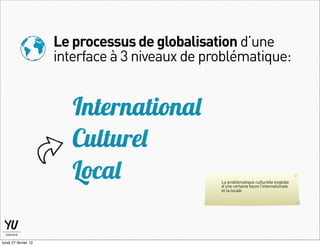 Le processus de globalisation d’une
                      interface à 3 niveaux de problématique:




                                                 La problèmatique culturelle englobe
                                                 d’une certaine façon l’internationale
                                                 et la locale.




lundi 27 février 12
 