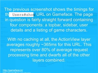 The previous screenshot shows the timings for
the Users#show URL on Gameface. The page
in question is fairly straight forward containing
four components: a topbar, sidebar, user
details and a listing of game characters.
With no caching at all, the ActionView layer
averages roughly ~365ms for this URL. This
represents over 80% of average request
processing time and dwarfs all of the other
layers combined.
http://gameface.in/

 