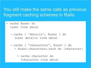 You still make the same calls as previous
fragment caching schemes in Rails:
- cache @user do
(user view data)
- cache [ 'details', @user ] do
(user details view data)
- cache [ 'characters', @user ] do
- @user.characters.each do |character|
- cache character do
(character view data)

 