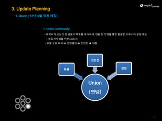 3. Update Planning
 1. Union (’12년 4월 적용 예정)



                1. Union Community
                 - 유저에게 보상이 큰 공동의 목표를 부여하여, 협동 및 경쟁을 통한 활발한 커뮤니티 발생 유도
                  : 게임 지속성을 위한 Lock-in
                 - 유물 보상 제시  연맹결성  전면전  점령




                                                                         10
 