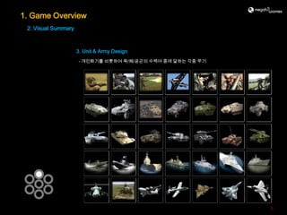 1. Game Overview
 2. Visual Summary



                     3. Unit & Army Design
                     - 개인화기를 비롯하여 육/해/공군의 수백여 종에 달하는 각종 무기




                                                             5
 