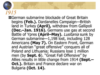 1915 German submarine blockade of Great Britain begins  (Feb.).  Dardanelles Campaign—British land in Turkey  (April),  withdraw from Gallipoli  (Dec.–Jan. 1916).  Germans use gas at second Battle of Ypres  (April–May).   Lusitania  sunk by German submarine—1,198 lost, including 128 Americans  (May 7).  On Eastern Front, German and Austrian “great offensive” conquers all of Poland and Lithuania; Russians lose 1 million men (by  Sept. 6 ). “Great Fall Offensive” by Allies results in little change from 1914  (Sept.–Oct.).  Britain and France declare war on Bulgaria  (Oct. 14). 