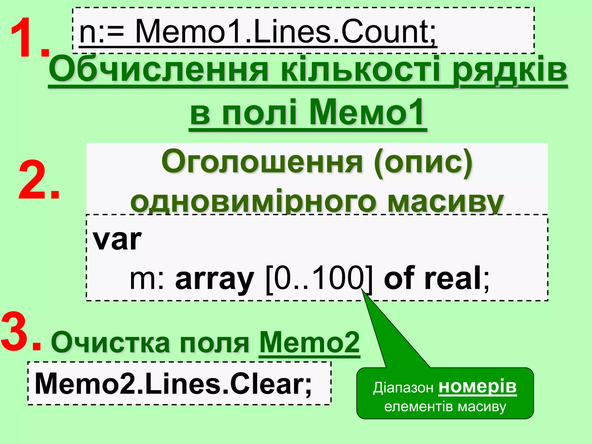 Обчислення кількості рядків
в полі Мемо1
Memo2.Lines.Clear;
Очистка поля Memo2
Оголошення (опис)
одновимірного масиву
var
m: array [0..100] of real;
Діапазон номерів
елементів масиву
1.
2.
3.
n:= Memo1.Lines.Count;
 
