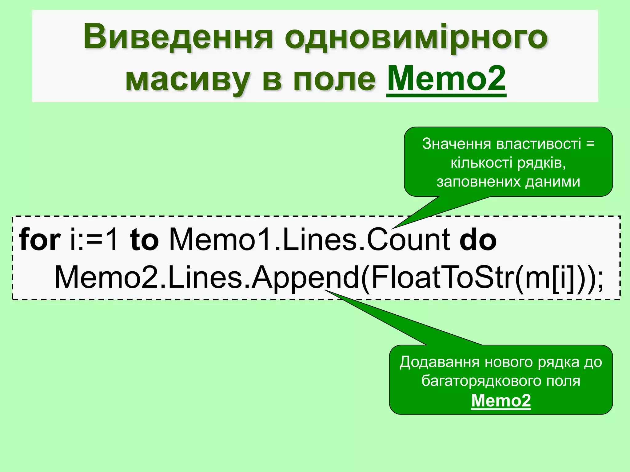 Виведення одновимірного
масиву в поле Memo2
for i:=1 to Memo1.Lines.Count do
Memo2.Lines.Append(FloatToStr(m[i]));
Додавання нового рядка до
багаторядкового поля
Memo2
Значення властивості =
кількості рядків,
заповнених даними
 