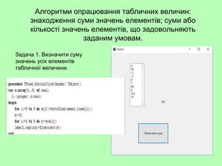 Алгоритми опрацювання табличних величин:
знаходження суми значень елементів; суми або
кількості значень елементів, що задовольняють
заданим умовам.
Задача 1. Визначити суму
значень усіх елементів
табличної величини.
 