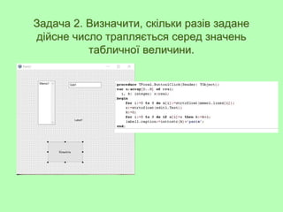 Задача 2. Визначити, скільки разів задане
дійсне число трапляється серед значень
табличної величини.
 