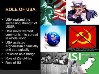ROLE OF USA










USA realized the
increasing strength of
USSR
USA never wanted
communism to spread
in whole world
USA assisted
Afghanistan financially
and strategically
Pakistan as a bridge
Role of Zia-ul-Haq
Role of ISI

 