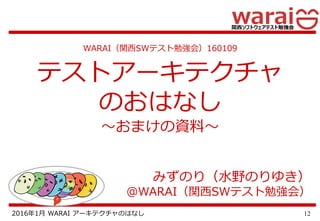 122016年1月 WARAI アーキテクチャのはなし
WARAI（関西SWテスト勉強会）160109
テストアーキテクチャ
のおはなし
～おまけの資料～
みずのり（水野のりゆき）
＠WARAI（関西SWテスト勉強会）
 