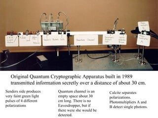 Original Quantum Cryptographic Apparatus built in 1989 transmitted information secretly over a distance of about 30 cm. Senders side produces very faint green light pulses of 4 different polarizations Quantum channel is an empty space about 30 cm long. There is no Eavesdropper, but if there were she would be detected. Calcite separates polarizations.  Photomultipliers A and B detect single photons.  