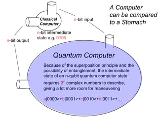 A Computer can be compared to a Stomach Classical  Computer Quantum Computer n -bit input n -bit output Because of the superposition principle and the possibility of entanglement, the intermediate  state of an n-qubit quantum computer state  requires  2 n   complex numbers to describe,  giving a lot more room for maneuvering  a |0000>+ b |0001>+ c |0010>+ d |0011>+… n -bit intermediate  state e.g.  0100 