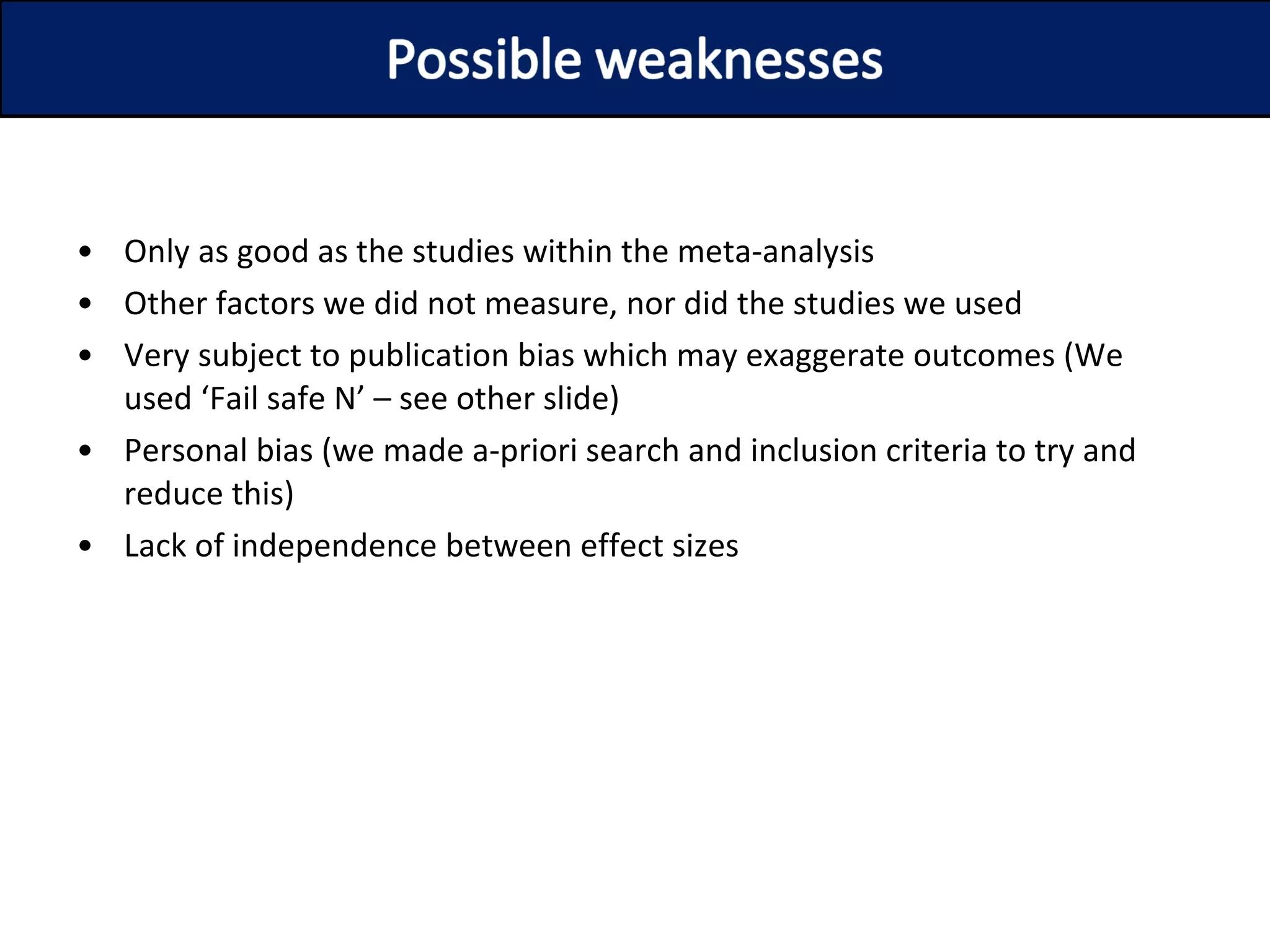 Only as good as the studies within the meta-analysis Other factors we did not measure, nor did the studies we used Very subject to publication bias which may exaggerate outcomes (We used ‘Fail safe N’ – see other slide) Personal bias (we made a-priori search and inclusion criteria to try and reduce this) Lack of independence between effect sizes 