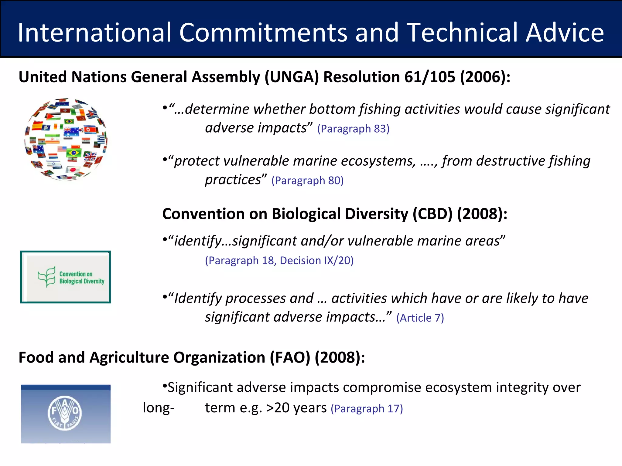 United Nations General Assembly (UNGA) Resolution 61/105 (2006): “… determine whether bottom fishing activities would cause significant  adverse impacts ”  (Paragraph 83) “ protect vulnerable marine ecosystems, …., from destructive fishing  practices ”  (Paragraph 80) Convention on Biological Diversity (CBD) (2008): “ identify…significant and/or vulnerable marine areas ”  (Paragraph 18, D ecision IX/20 ) “ Identify processes and … activities which have or are likely to have  significant adverse impacts… ”  (Article 7) Food and Agriculture Organization (FAO) (2008): Significant adverse impacts compromise ecosystem integrity over long-  term   e.g. >20 years  (Paragraph 17) International Commitments and Technical Advice 