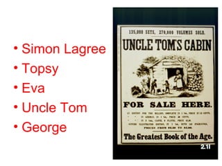 • Simon Lagree
• Topsy
• Eva
• Uncle Tom
• George
 