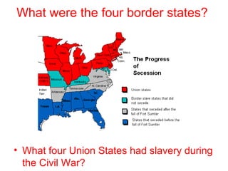What were the four border states?
• What four Union States had slavery during
the Civil War?
 
