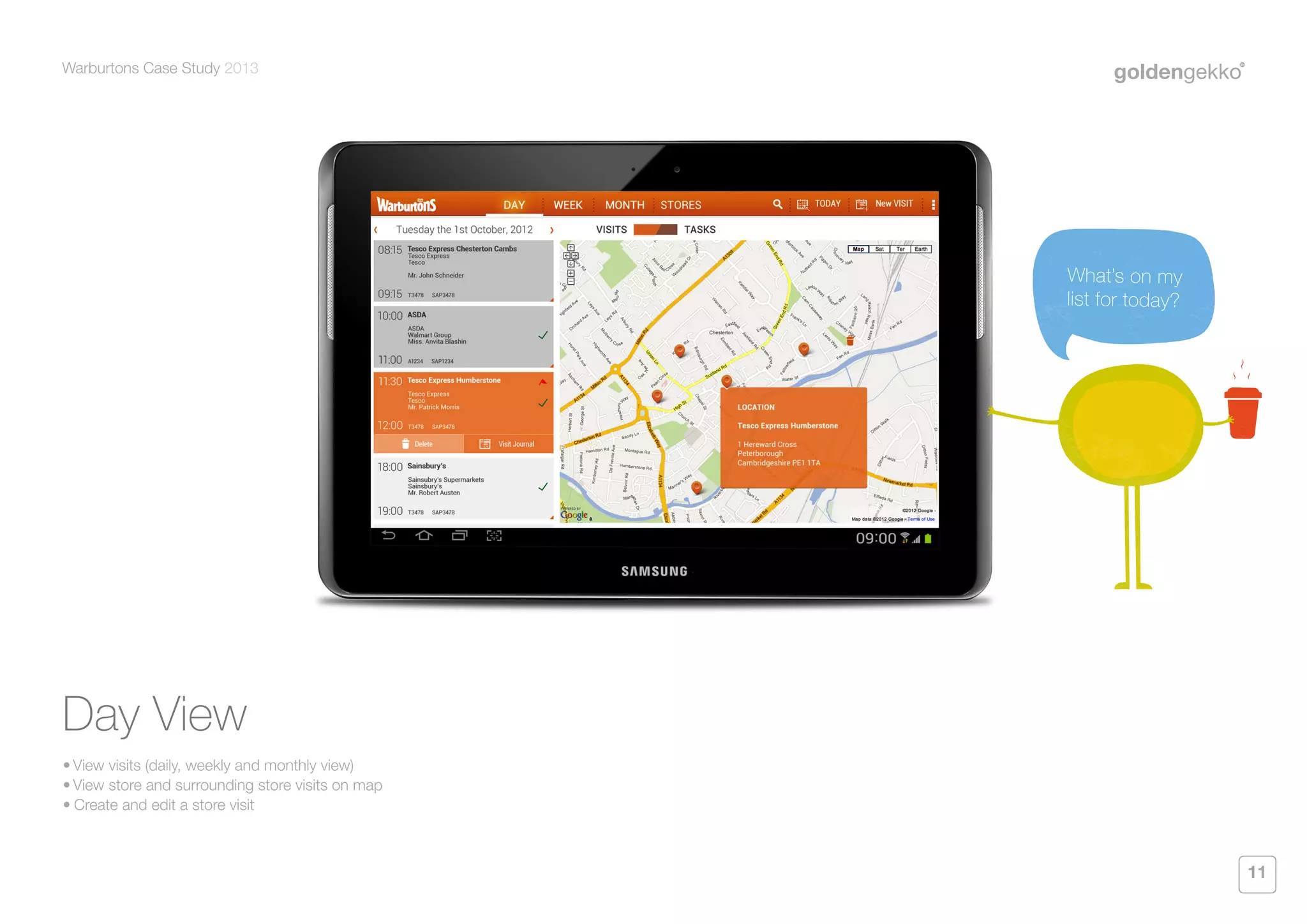 Warburtons Case Study 2013

What’s on my
list for today?

Day View
•	View visits (daily, weekly and monthly view)
•	View store and surrounding store visits on map
•	Create and edit a store visit

11

 