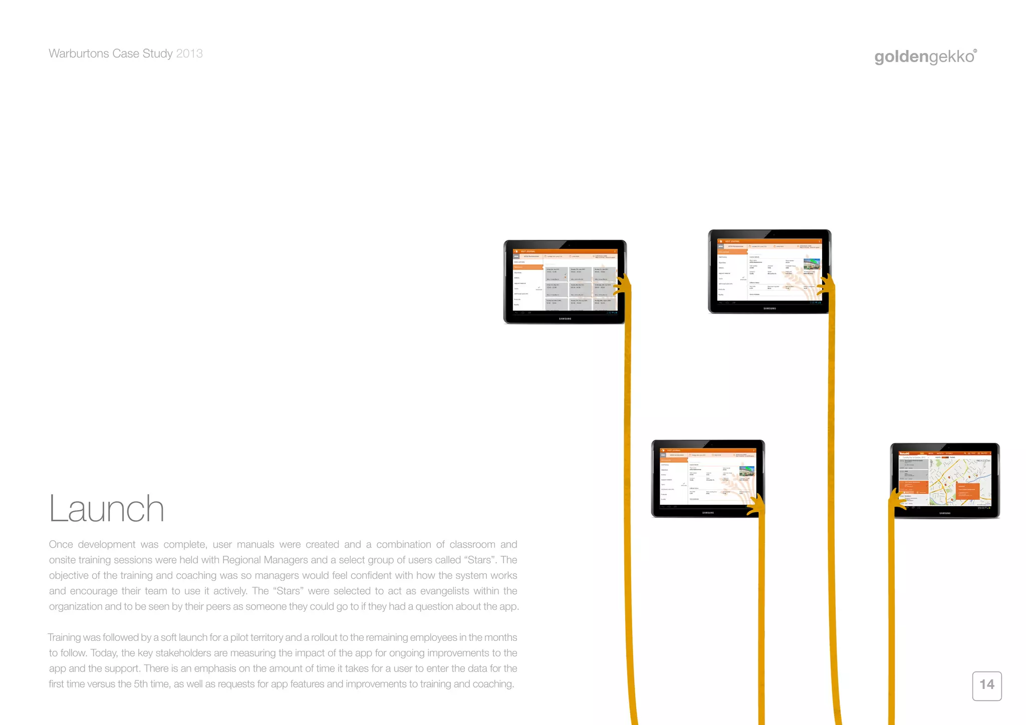 Warburtons Case Study 2013

Launch
Once development was complete, user manuals were created and a combination of classroom and
onsite training sessions were held with Regional Managers and a select group of users called “Stars”. The
objective of the training and coaching was so managers would feel confident with how the system works
and encourage their team to use it actively. The “Stars” were selected to act as evangelists within the
organization and to be seen by their peers as someone they could go to if they had a question about the app.
Training was followed by a soft launch for a pilot territory and a rollout to the remaining employees in the months
to follow. Today, the key stakeholders are measuring the impact of the app for ongoing improvements to the
app and the support. There is an emphasis on the amount of time it takes for a user to enter the data for the
first time versus the 5th time, as well as requests for app features and improvements to training and coaching.

14

 