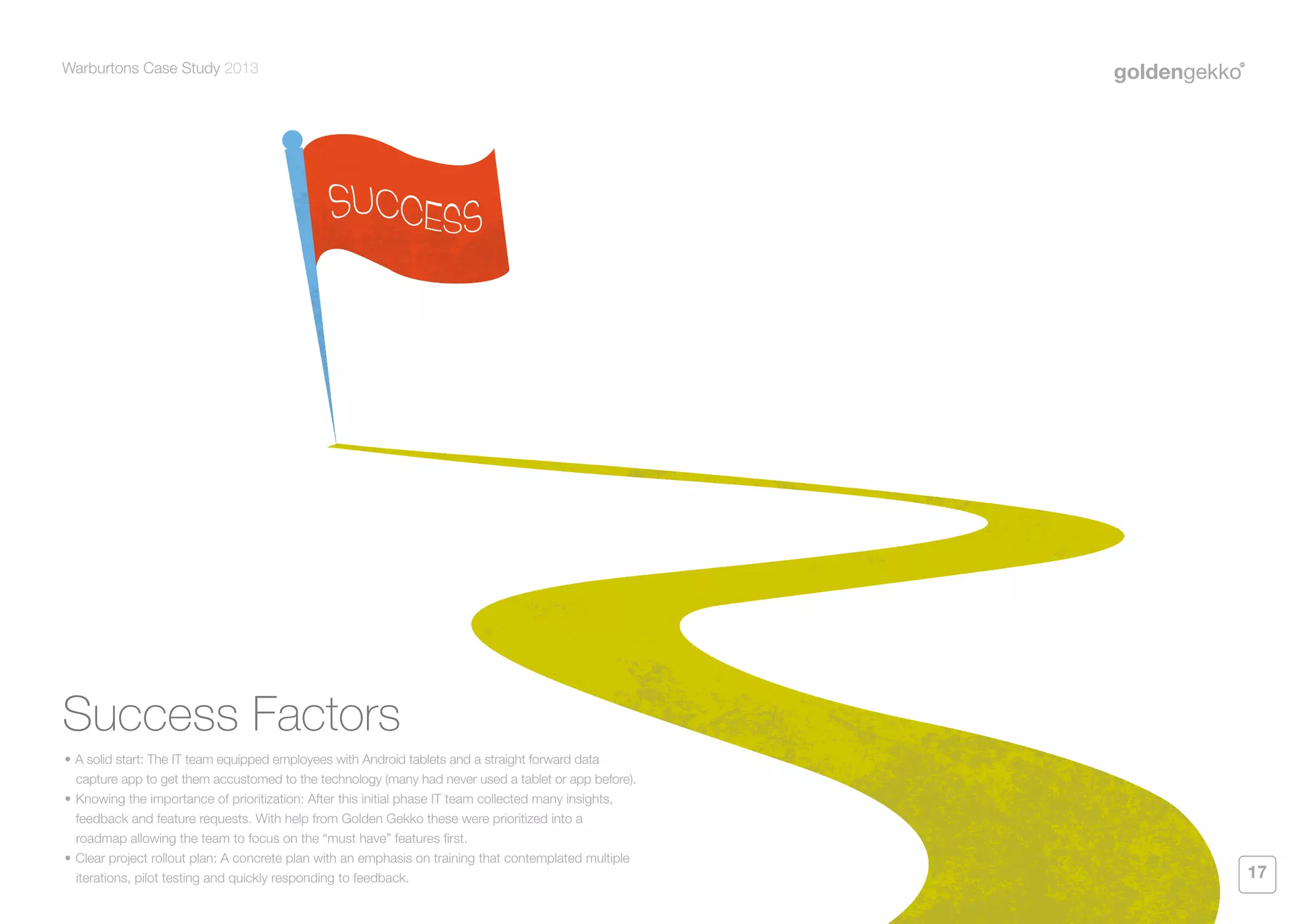 Warburtons Case Study 2013

Success Factors
•	A solid start: The IT team equipped employees with Android tablets and a straight forward data
capture app to get them accustomed to the technology (many had never used a tablet or app before).
•	Knowing the importance of prioritization: After this initial phase IT team collected many insights,
feedback and feature requests. With help from Golden Gekko these were prioritized into a
roadmap allowing the team to focus on the “must have” features first.
•	Clear project rollout plan: A concrete plan with an emphasis on training that contemplated multiple
iterations, pilot testing and quickly responding to feedback.

17

 