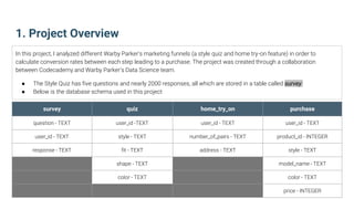 1. Project Overview
In this project, I analyzed different Warby Parker’s marketing funnels (a style quiz and home try-on feature) in order to
calculate conversion rates between each step leading to a purchase. The project was created through a collaboration
between Codecademy and Warby Parker’s Data Science team.
● The Style Quiz has five questions and nearly 2000 responses, all which are stored in a table called survey
● Below is the database schema used in this project
survey quiz home_try_on purchase
question - TEXT user_id -TEXT user_id - TEXT user_id - TEXT
user_id - TEXT style - TEXT number_of_pairs - TEXT product_id - INTEGER
response - TEXT fit - TEXT address - TEXT style - TEXT
shape - TEXT model_name - TEXT
color - TEXT color - TEXT
price - INTEGER
 